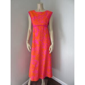 MISS HAWAII Retro Pink and Orange Maxi L Empire Waist Tie Back Sleeveless BR10